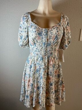 Square-Neck Mini Dress in Cream with Blue & Pink Floral Print